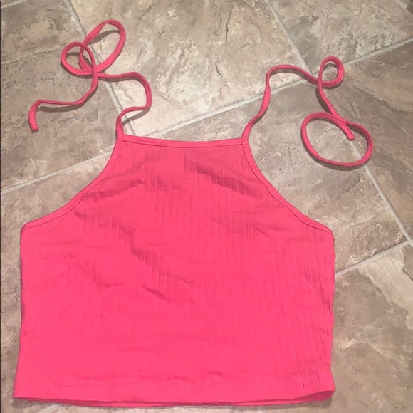 Ribbed Neon Pink Cropped Halter Top - Picture 2 of 4